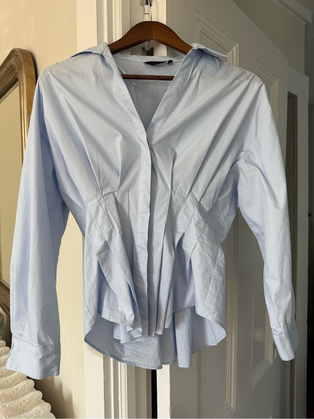 Zara Light Blue Pleated Button Down Shirt
